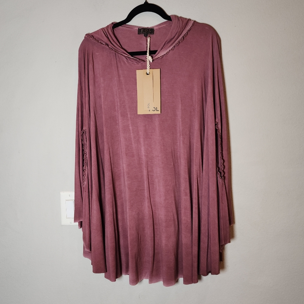 NWT POL Hooded Jersey Poncho Crochet Lace Trim Size Small Oversized Mauve Boho